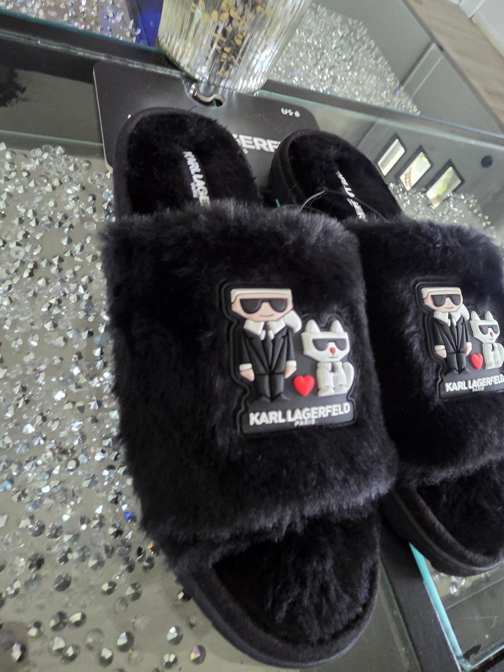 Karl Lagerfeld Men's Black Faux Fur Logo Slide Slippers